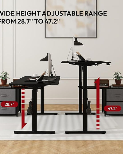 SANODESK 63'' L Shaped Standing Desk with 2-Drawer File Cabinet, Electric Height Adjustable Stand up Desk w/USB Charge Ports, Home Office Modern Wood Computer Desk with Shelves,Black Frame/Black Top