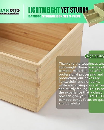 3-Piece Large Bamboo Storage Box Set, 7.1 in High Stackable Deep-Drawer Organizer for Kitchen Cutlery, Utensils & Knives, Exquisite and Durable Lidless Wooden Bin (14.6"x10.2x7.1"*1+10.2"x7.3"x3"*2)