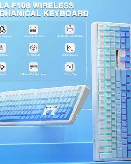 AULA F108 Wireless Mechanical Keyboard, BT5.0/USB-C/2.4GHz Hot Swappable Custom Gaming Keyboards, PBT Keycaps, Pre-lubed Switches, RGB Backlit Full Size Creamy Keyboard with Number Pad, 108 Keys
