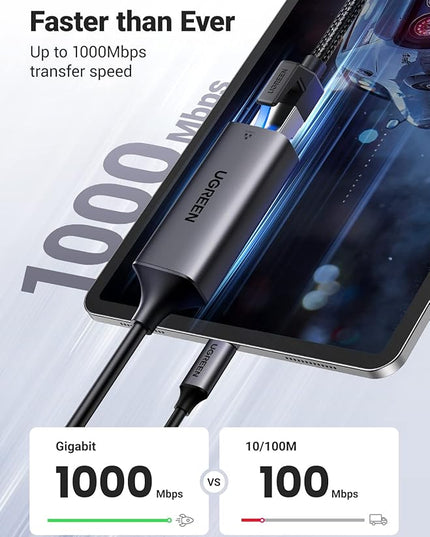 UGREEN USB C to Ethernet Adapter, 1000Mbps, RJ45, Driver-Free, Compatible with Windows, MacOS, iPadOS, ChromeOS, Android, Laptop, Tablet, Smartphone