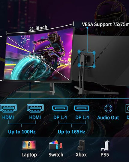 SANSUI 34-Inch Curved Gaming Monitor UWQHD 3440 x 1440 Up to 165Hz Curved 1500R - PIP/PBP, 1ms(MPRT), HDR, 300nits, sRGB 125%, DCI-P3 95%,FreeSync,HDMIx2,DP1.4 x2 (DP Cable Included)