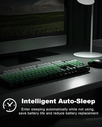 MOFII Wireless Keyboard and Mouse Combo, Full Size 2.4G Plug and Play Typewriter Retro Round Computer Keyboard and Mouse Set for Windows, Computer, Desktop, PC, Notebook - (Black Green Gradient)