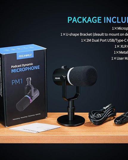 FEELWORLD PM1 XLR USB Dynamic Microphone with Desktop Stand Gifts for Podcast Recording PC Computer Gaming Live Streaming Vocal Voice-Over, Studio Metal Mic, RGB Light, Mute Button, Headphones Jack