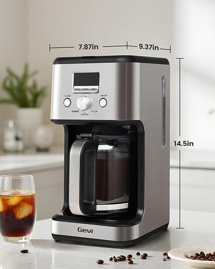 Gevi 14-Cup Programmable Coffee Maker, Drip Coffee Machine with Normal & Strong Brew for Home and Office, Glass Carafe, 2-Hour Keep Warm, Pause & Serve, Auto Shut Off, Silver