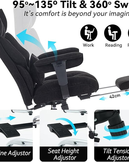 Efomao Executive Office Chair, Soft-Cushioned Computer Chair with Foot Rest, Fabric Home Office Desk Chairs, Big and Tall Office Chairs, Black