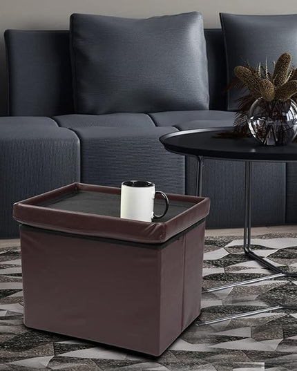ALASDO Brown Leather Storage Ottoman Footrest Stool, 17x13x13inches, Modern Style