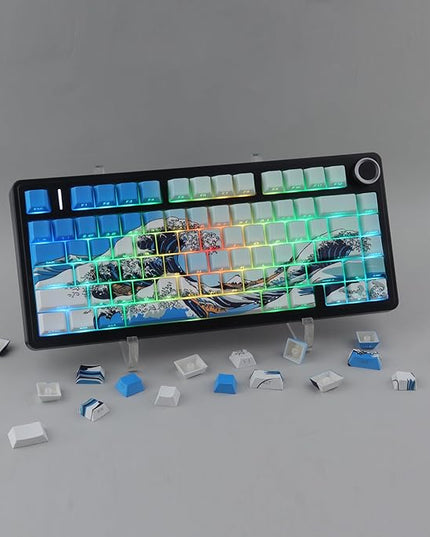 Tsungup PBT Keycaps 75 Percent,Side Print 131 Keys Custom Dye Sub Cool Shine Through Keycap Set,Wave of Kanagawa Dark Blue Keycaps Cherry Profile Keyboard Key Caps for Mechanical Keyboards