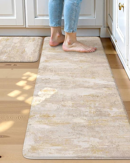 Collive Kitchen Mats Cushioned Anti Fatigue, Abstract Kitchens Floor Mat Non Slip Desk Rugs Waterproof, Beige Memory Foam Comfort Standing Rug for Sink, Home Decor, 17"x59"+17"x29"