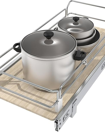 Pull Out Cabinet Organizer 11" W X 22" D, Slide Out Drawers For Kitchen Organizers and Storage, Pull Out Drawers For Cabinets Capacity Heavy Duty Caddy, Cabinet Shelves Wood Chrome, Pantry Storage