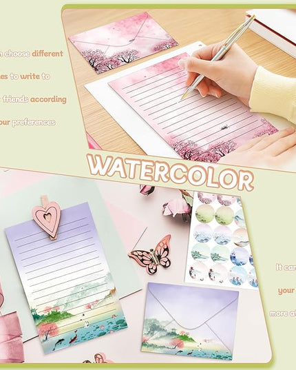 TaoBary 160 Pcs Stationery Paper Set 50 Double Sided Stationery Papers with 50 Matching Envelopes and 60 Round Dot Sticker, 10 Design(Ink Painting,5.5 x 8.25 Inch)