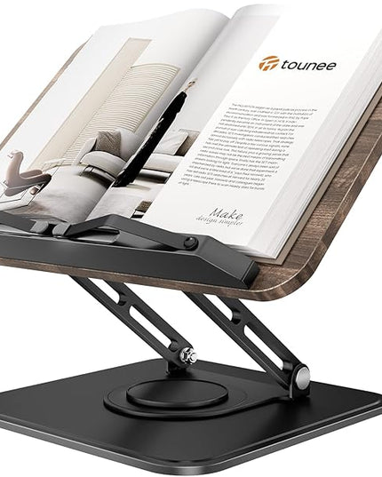 Tounee Book Stand, 360° Rotating Reading Book Holder, Adjustable Cookbook Holder for Reading Hands-Free, Foldable Desktop Recipe Book Stand with Protective Page Clips, Fits All Books - Black