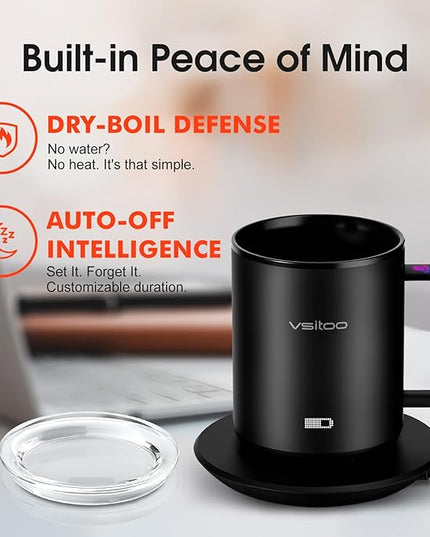 Vsitoo S3 12oz Heated Mug - Temperature Control Smart Mug with Mug Warmer, Perfect for Espresso, Auto-Sensing AI Heats Drinks to 120-150°F Hands-Free.Ideal for Home/Office/Gifts，Black