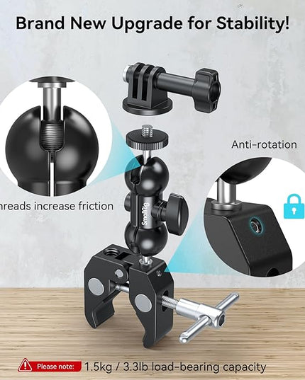 SMALLRIG Super Camera Clamp Mount, Double Ball Head Magic Arm Adapter, Fence/Desk/Tripod Mount for Monitor/Light/Camera, for Insta360, for Gopro