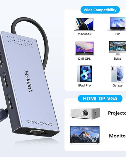 USB C Docking Station Dual HDMI Monitor Adapter, Melelink USB C Hub 3 Monitors with 2X HDMI 4K, 8K Displayport, VGA, 100W PD, USB C&A Ports, 9 in 1 Laptop Docking Station for Dell, HP, Lenovo, etc