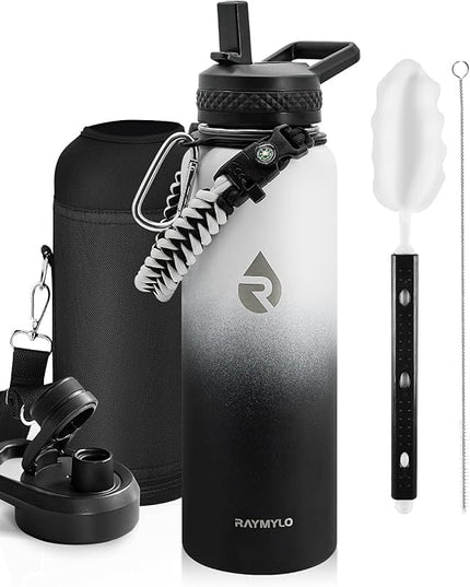 Insulated Water Bottle 40 oz, Triple Wall Vacuum Stainless Steel (Cold for 48 Hrs), Leak Proof & Non-BPA, Modern Water Flask Jug with Paracord Handle & Straw Spout Lids, Ombre: White/Black