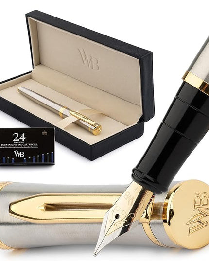 Wordsworth & Black Fountain Pen Set, 18K Gilded Fine Nib, Includes 24 Pack Ink Cartridges, Ink Refill Converter & Gift Box, Gold Finish, Calligraphy, [Silver Gold], Perfect for Men & Women