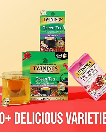 Twinings Green Tea with Pomegranate, Raspberry, & Strawberry Individually Wrapped Bags, 100 Count (Pack of 1), Caffeinated, Enjoy Hot or Iced, 100 Teabags