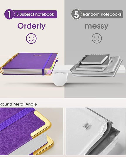 Hardcover Spiral Notebook Journal with Removable Dividers Tabs, 300 Pages Leather 5 Subject Notebook College Ruled, 8"x10" Large Notebooks for Work School Note Taking, Journal for Women, Dark Purple