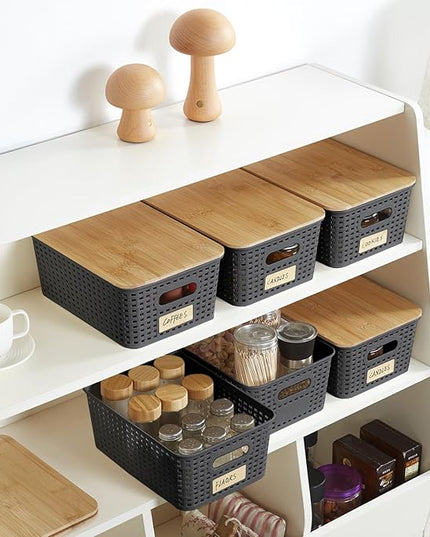 Small Plastic Storage Bins with Bamboo Lids 5.2qt Stackable Box Basket Pantry Decorative Containers Cute with Lable for Organizing Desktop Closet Office Gray of 6 packs 10 * 7.2 * 4.1'’