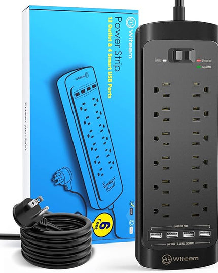 Surge Protector Power Strip - 12 Outlets, 4 USB 3.4A Ports, 6Ft Extension Cord, 1875W/15A, 4360Joules, Wall Mountable, Overload Protection - Ideal for Home & Office Use (Black-3.4A)