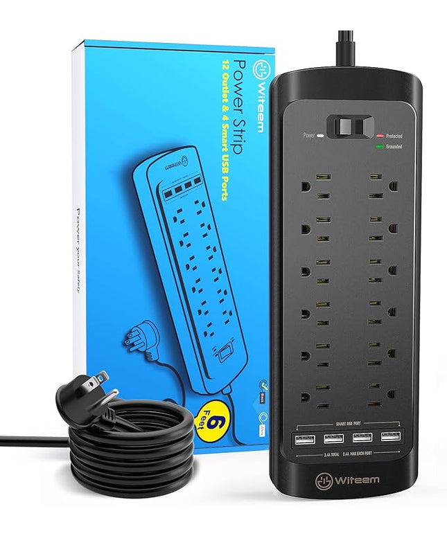 Surge Protector Power Strip - 12 Outlets, 4 USB 3.4A Ports, 6Ft Extension Cord, 1875W/15A, 4360Joules, Wall Mountable, Overload Protection - Ideal for Home & Office Use (Black-3.4A)