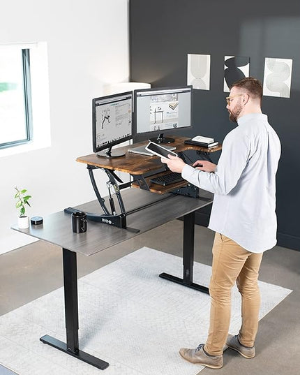 VIVO 42 inch Height Adjustable Stand Up Desk Converter, V Series, Quick Sit to Stand Tabletop Dual Monitor Riser Workstation, Rustic Vintage Brown Top, Black Frame, DESK-V000VLN