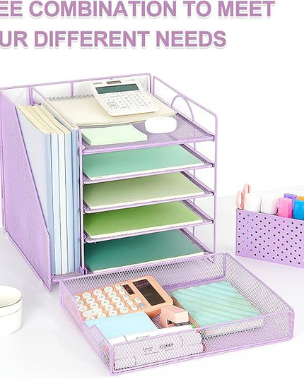 OUTIOE Desk Organizer with Drawer and Pen Holder, 5-Tier Paper Letter Tray Organizer with File Holder, Suitable for Workspace Organizer Office Supplies Storage (Purple)