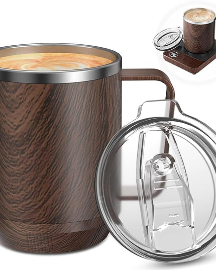 Felibeaco 16oz Heated Coffee Mug With Flat Bottom for Rapid Heating, Stainless Steel Cup for Different Warmer/Heaters, Suitable for Home and Office Desk, Wood, No Warmer