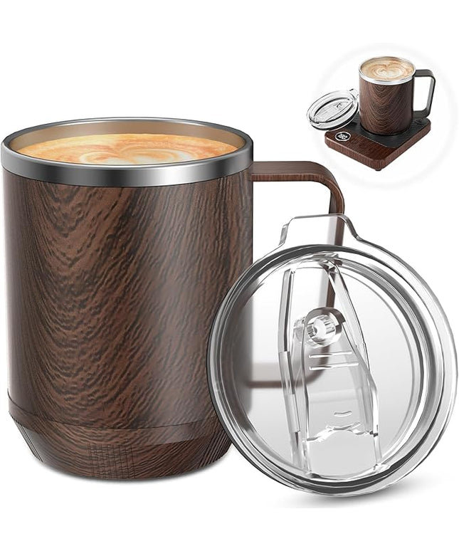 Felibeaco 16oz Heated Coffee Mug With Flat Bottom for Rapid Heating, Stainless Steel Cup for Different Warmer/Heaters, Suitable for Home and Office Desk, Wood, No Warmer