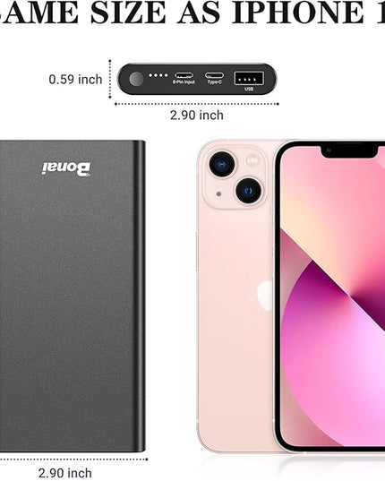 BONAI Portable Charger 12,000mAh 5V/3A Fast Charging Power Bank, Dural Input & Output Ports (USB-C in & Out) Portable Phone Charger for iPhone 17/16/15/14/13/12 Series Galxy Android iPad etc - Black