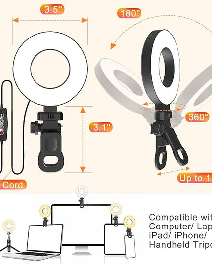 Ring Light [3 Color, 5 Brightness & Timer] 3.5'' Small Video Conference Lighting Clip On Monitor Laptop iPad Phone, USB Plug Dimmable Selfie Light for Working, Meeting, YouTube/TikTok Content Creator