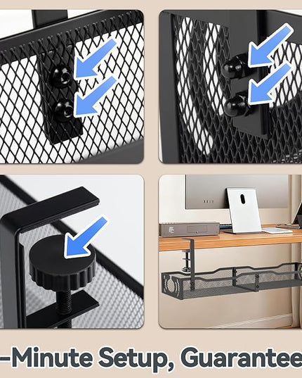 Cable Management, 25.3'' Under Desk Cable Management Tray No Drill, Metal Cable Organizer with Clamp for Wire Management, Cord Organizer for Home Office, Desk Accessories Organizer, Black
