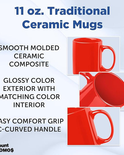 DISCOUNT PROMOS Ceramic Coffee Mugs 11 oz. Set of 10, Bulk Pack - Coffee cup set, Iced coffee cup, Gaming mug - Red