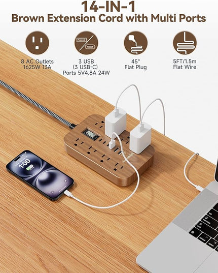 Walnut Power Strip with USB Ports - 5 FT Wood Power Strip, 1625W Decorative Extension Cord with 6 AC Outlet 3 USB, for Brown Tan Wood Walnut Grain Aesthetic Vintage Rustic Desk Accessories Decor
