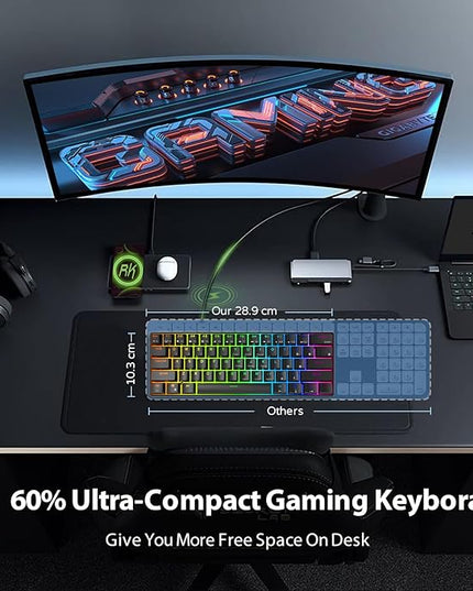 RK ROYAL KLUDGE RK61 Wired 60% Mechanical Gaming Keyboard Programmable QMK/VIA RGB Backlit 61 Keys Ultra-Compact Hot Swappable Red Switch Black
