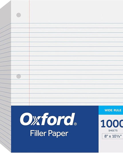 Oxford Filler Paper, 8 x 10-1/2 Inch Wide Ruled Paper, 3 Hole Punch, Loose Leaf Notebook Paper for 3 Ring Binders, 1000 Sheets