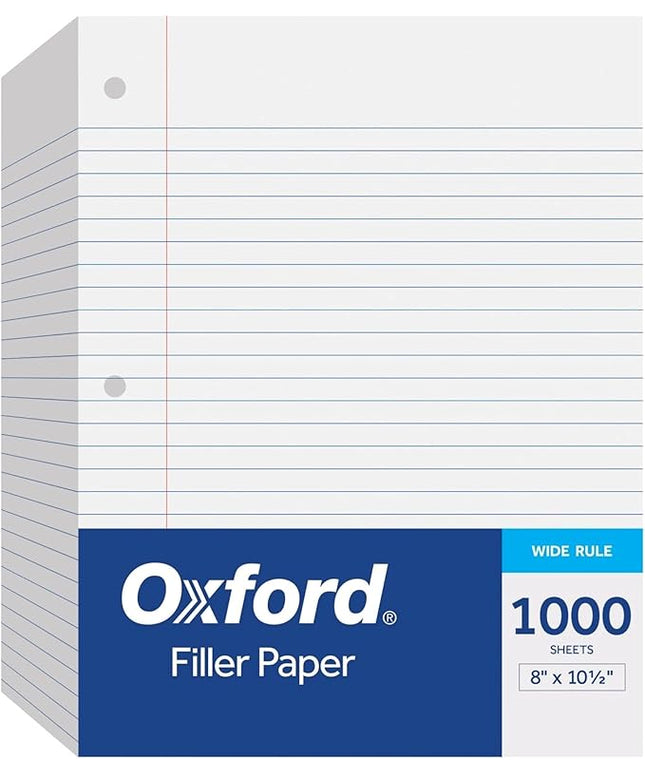 Oxford Filler Paper, 8 x 10-1/2 Inch Wide Ruled Paper, 3 Hole Punch, Loose Leaf Notebook Paper for 3 Ring Binders, 1000 Sheets