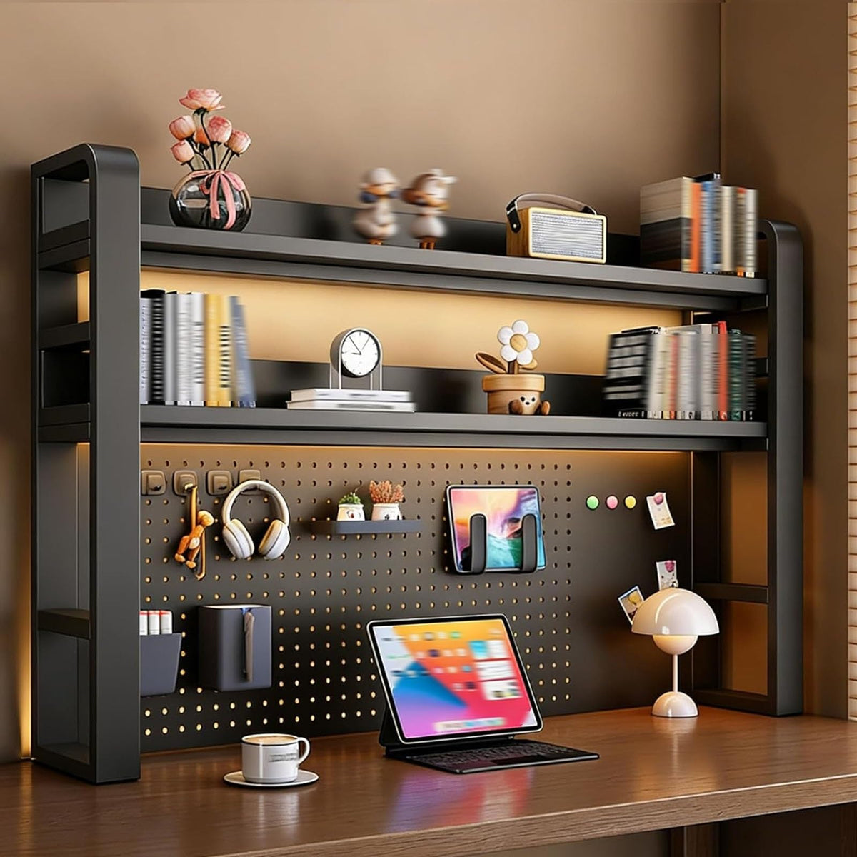 TRCBADOWKC 2/3/4 Tier Desktop Bookshelf with Pegboard and Storage Parts, Metal Desktop Organizer Hutch, Desk Shelves for Top of Desk, Shelf Organizer Display Rack for Dorm Home(Black,3-Tier L53.1in)