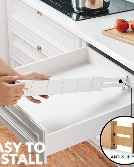 SpaceAid Bamboo Drawer Dividers with Inserts and Labels, Kitchen Adjustable Drawer Organizers, Expandable Organization for Home, Office, Dressers, 7 Dividers with 15 Inserts (17"-22" White)
