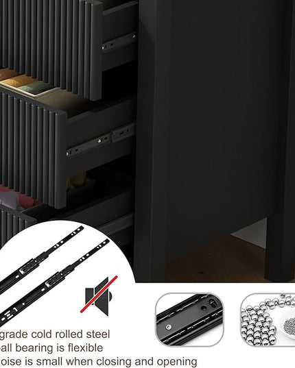 LSKTGA 3 Drawer Dresser, Chest of Drawers Organizer with Waveform Panel, Large Fluted Dresser with Wide Drawers and Golden Handles, Wood Storage for Bedroom, Hallway, Entryway, Black