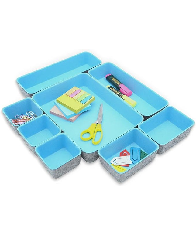 Welaxy Drawer organizers bins dividers storage trays shallow organizing box for office supplies makeup nightstand catchall key holder cozy room decor 8-piece (Baby blue)