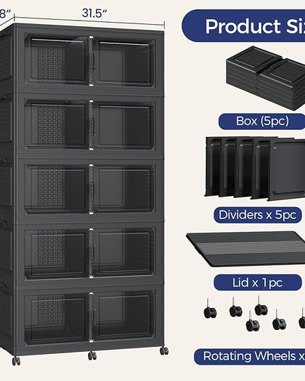 250Gal Stackable Storage Bins with Lid, 1000Qt Extra Large Collapsible Storage Box with Wheels, Dividers, Folding Plastic Cabinet Closet Organizers for Home Kitchen Office Dorm, 5Pack Black