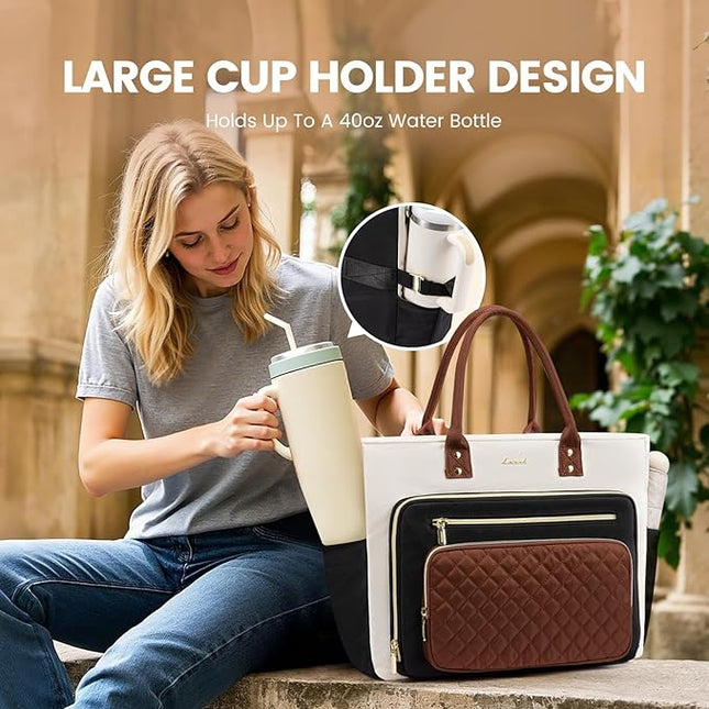 LOVEVOOK Teacher Tote Bag for Women Work, Laptop Bag With Large Cup Holder, Nurse Bags Professional Briefcase Business Computer Purses Handbag Gifts, Black-Beige-Brown, 15.6 Inch