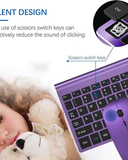 Wireless Keyboard and Mouse Ultra Slim Combo, TopMate 2.4G Silent Compact USB 2400DPI Mouse and Scissor Switch Keyboard Set with Cover, Batteries Included, for PC/Laptop/Windows/Mac - Purple Black