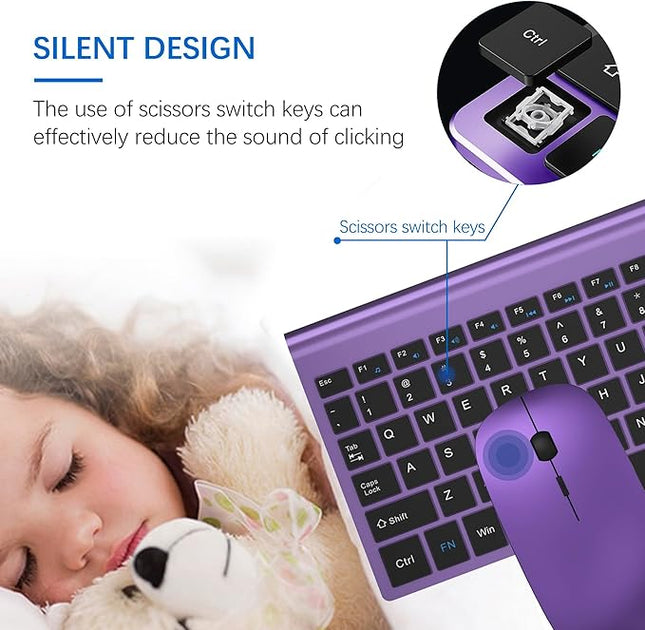 Wireless Keyboard and Mouse Ultra Slim Combo, TopMate 2.4G Silent Compact USB 2400DPI Mouse and Scissor Switch Keyboard Set with Cover, Batteries Included, for PC/Laptop/Windows/Mac - Purple Black