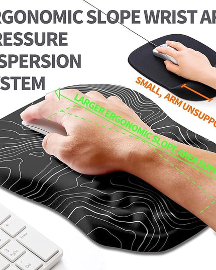 Ergonomic Slope Mouse Pad Wrist Support, Wrist Rest Mousepad for Carpal Tunnel Pain Relief with Massage Bulge and Slow Rebound Memory Foam (12x8 inch, Black Contour Lines)