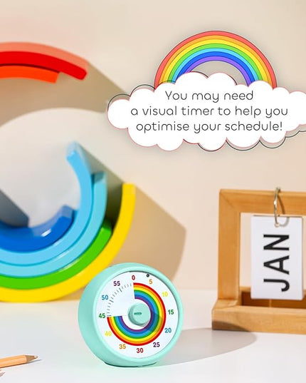 Visual Timer for Kids, 60-Minute Countdown Timer for Classroom Office Kitchen, Desk Timer Kids Time Management Tools with Silent Operation, Pomodoro Time Rainbow Pattern(Tiffany)