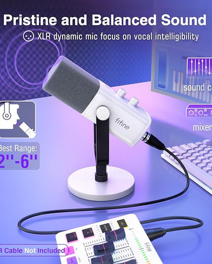 FIFINE XLR/USB Gaming Microphone for Streaming Podcasting, PC Computer RGB Mic, with Gain Knob, Mute Button, Monitoring Jack, Gamer Mic for Recording Video Creation-AmpliGame AM8 White
