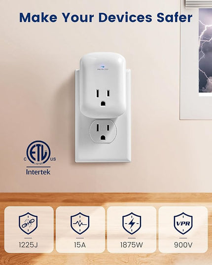 SURAIELEC Surge Protector, 1225J Wall Surge Protector Outlet with 900V VPR, 15A/1875W Ground Protected Light Indicator for TV, Fridge, Microwave, Garage, Computer, Workshop and Gaming Devices, 2 Pack