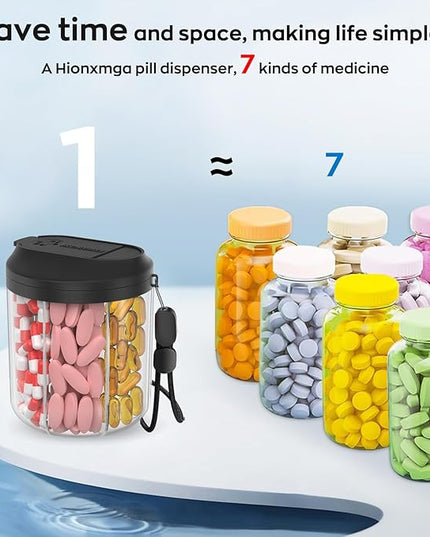 Pill Bottle Organizer with 7 Large Compartments, Pill Dispenser for Travel, Supplement Organizer with Anti-Mixing Design, BPA-Free Pill Container with 20 Pcs Labels, Black